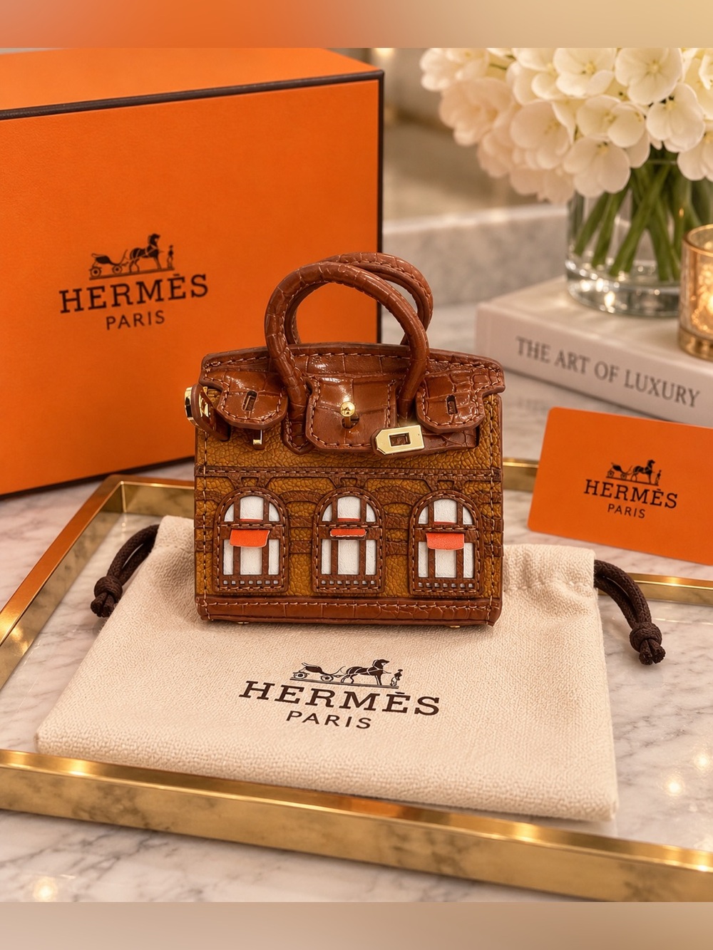 Brown Novelty Miniature Window-Detail Top-Handle Bag AirPods holder